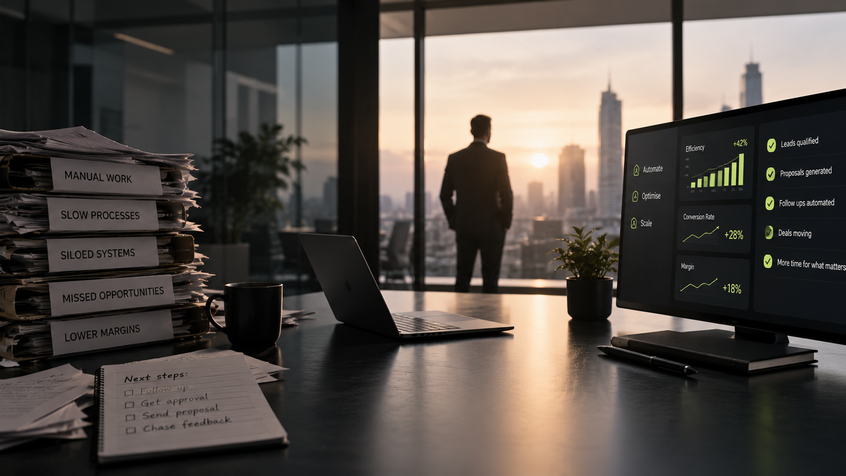 Executive office at dusk with stacks of paperwork labelled manual work and slow processes beside a dashboard showing efficiency and margin gains