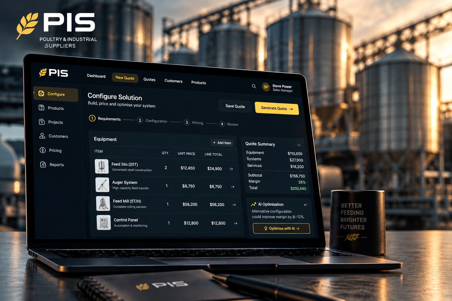AI CPQ quote builder showing equipment line items and quote summary